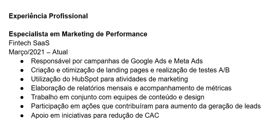 seção de experiência do CV criado manualmente