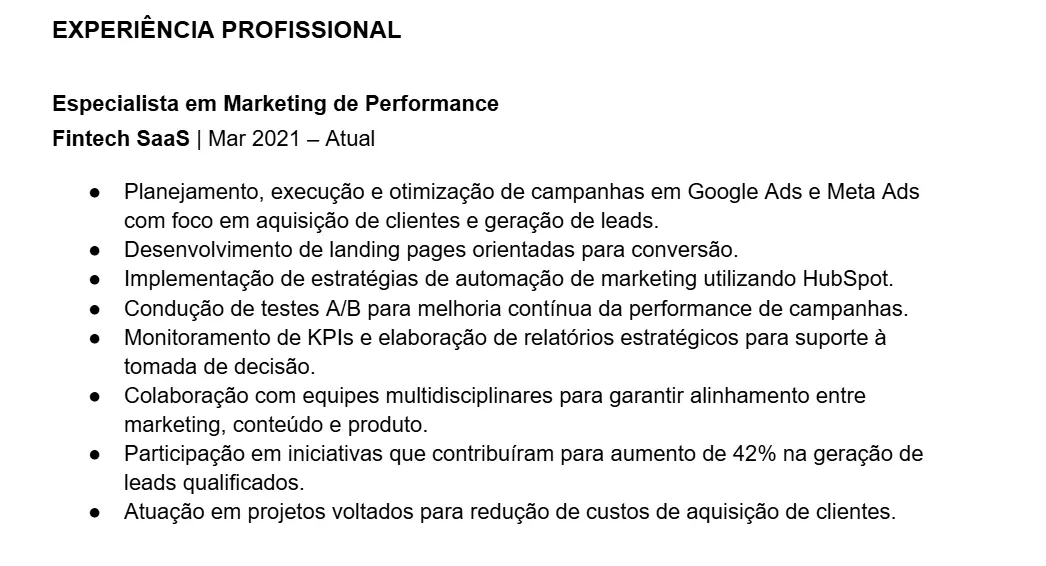 seção de experiência do CV gerado por IA
