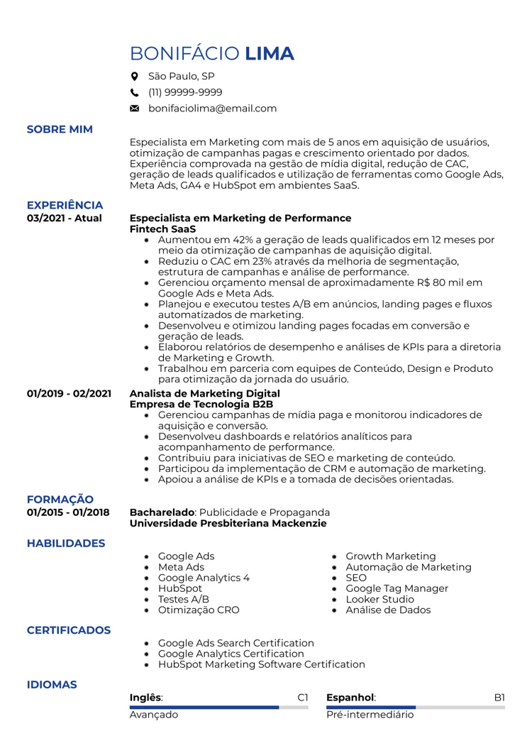 currículo criado com o gerador da LiveCareer
