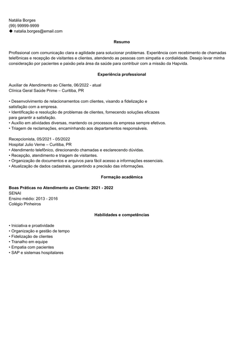 modelo de currículo feito para a Hapvida no gerador da LiveCareer