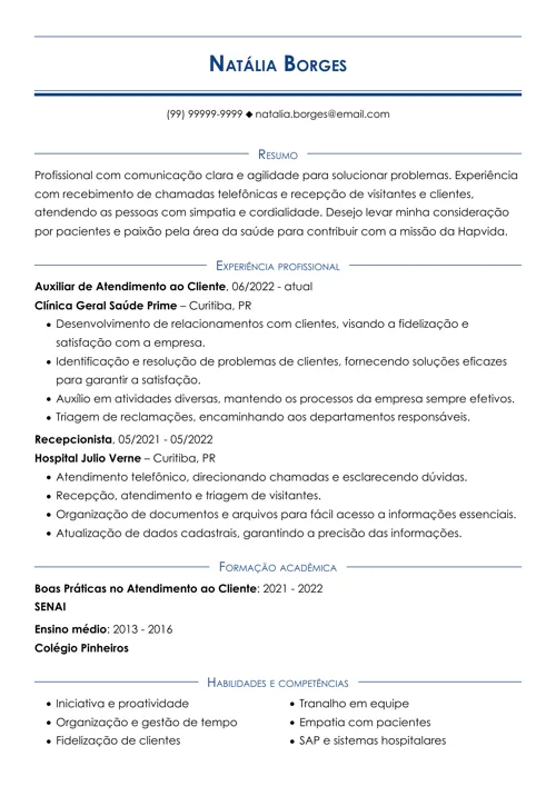 modelo de currículo feito para a Hapvida no gerador da LiveCareer