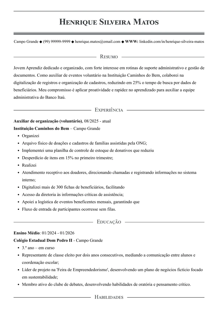 Currículo de Jovem Aprendiz Word administrativo