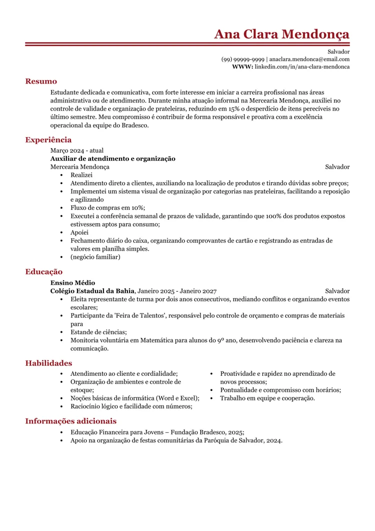  Currículo de Jovem Aprendiz para preencher