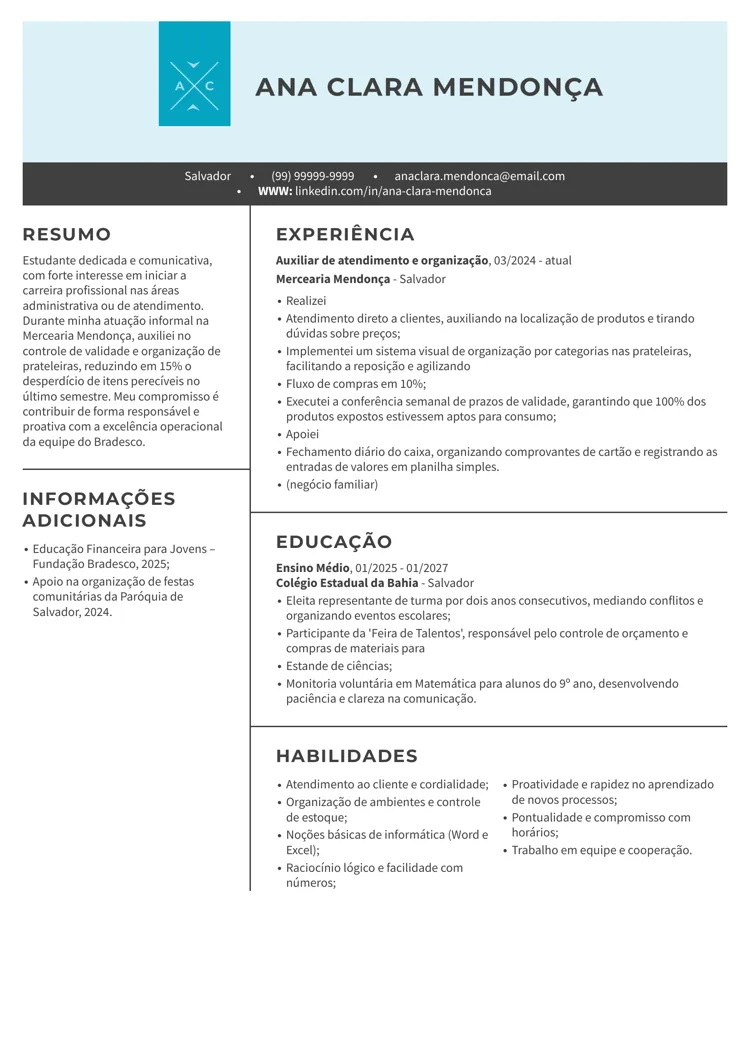 Currículo de Menor Aprendiz em Word