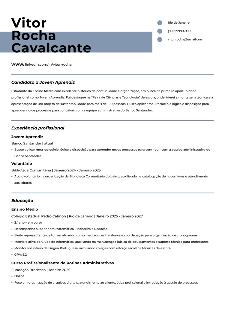 Modelo de currículo para Jovem Aprendiz sem experiência