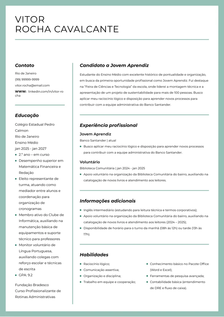 Modelo de currículo de Jovem Aprendiz para primeiro emprego