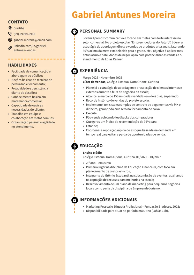 Currículo de vendas de Jovem Aprendiz Word