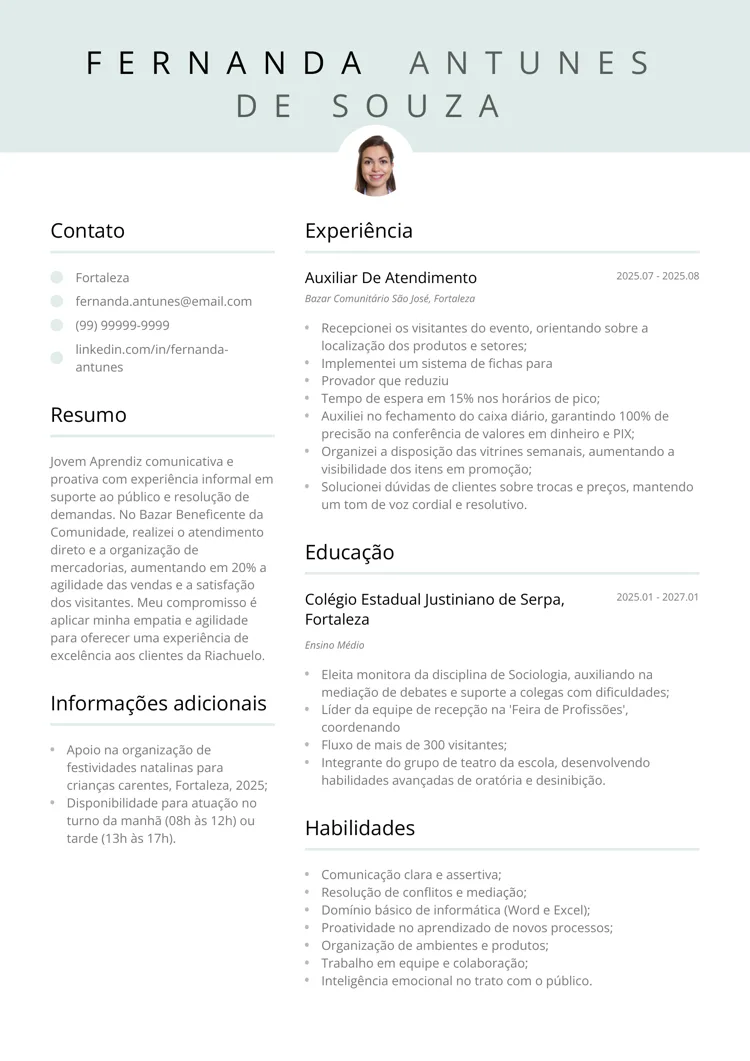 Currículo para Jovem Aprendiz em área de atendimento