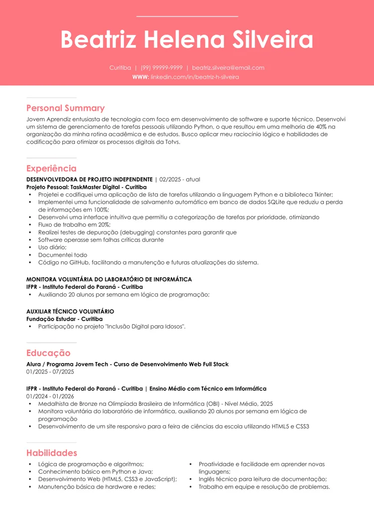 Currículo de Jovem Aprendiz em TI para Word