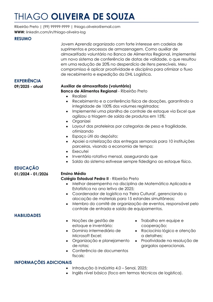 Modelo de currículo para Jovem Aprendiz em logística