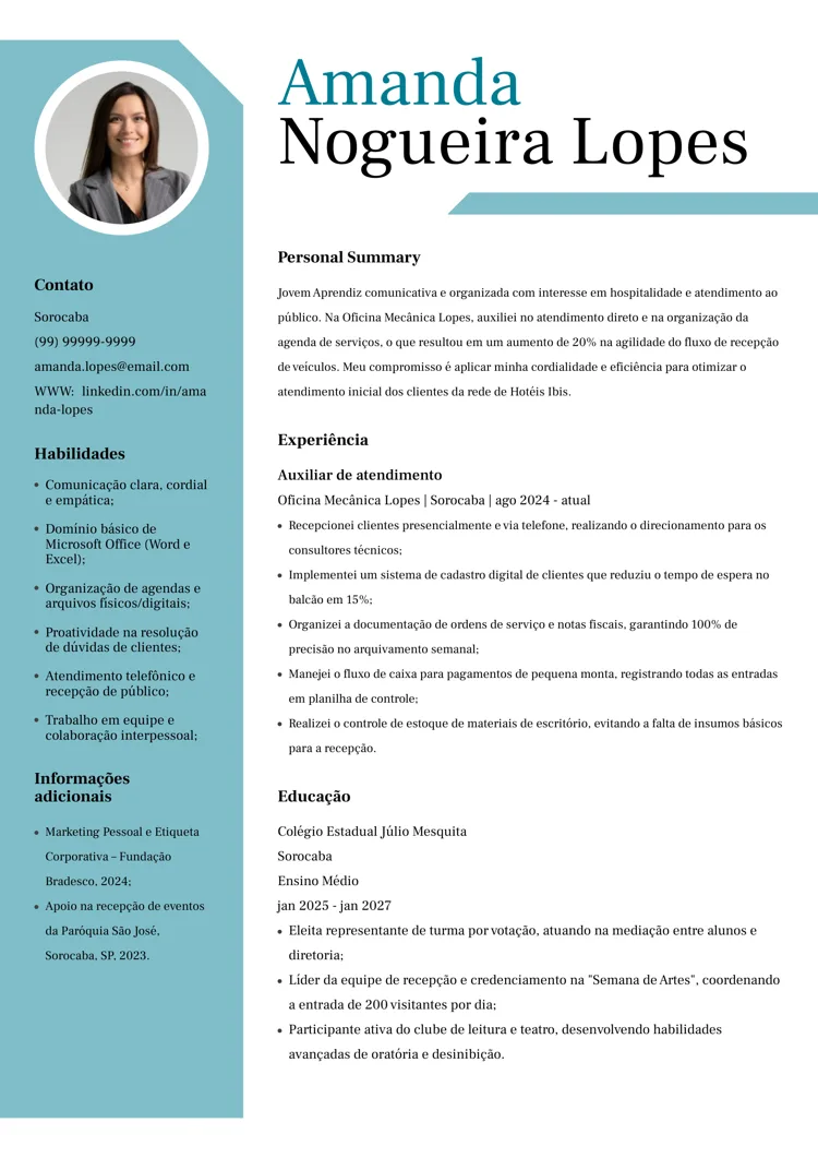 Currículo de Jovem Aprendiz em recepção: modelo Word