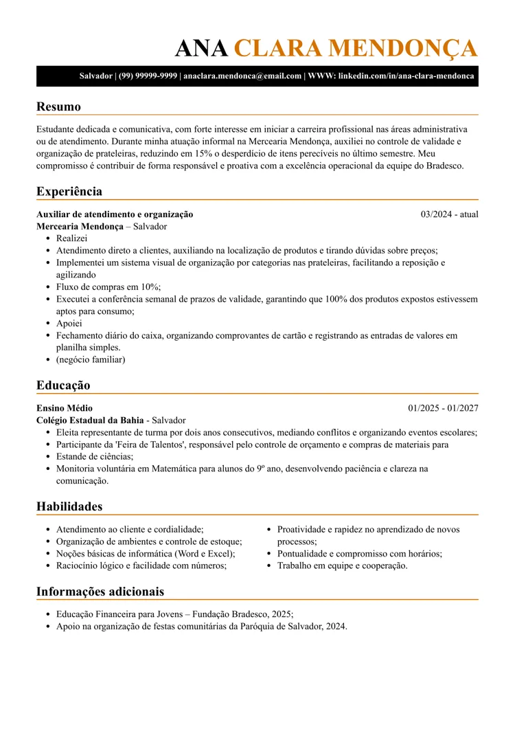 Modelo de currículo de Jovem Aprendiz em Word