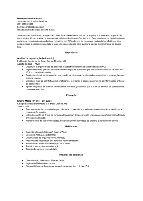 Modelo de currículo Jovem Aprendiz Word.