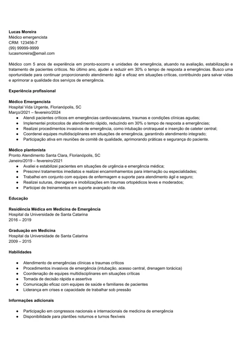 modelo de currículo de médico de emergência