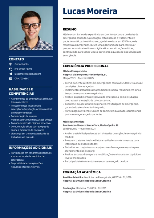 modelo de currículo de médico de emergência
