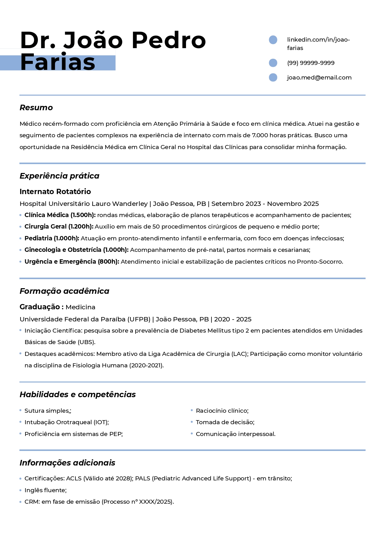 Currículo de médico recém-formado