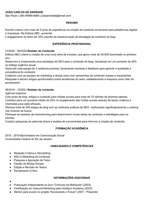 modelo de currículo criado no gerador da LiveCareer