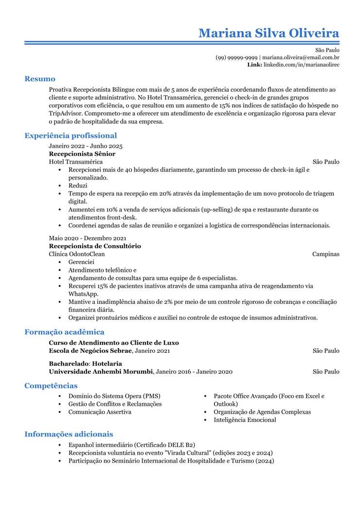 Modelo para CV minimalista em azul