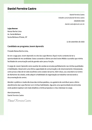 Exemplo de carta de apresentação criativa