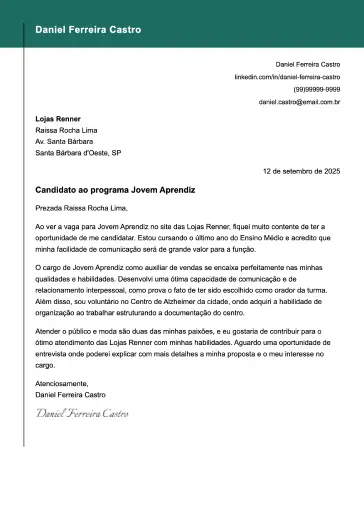 Exemplo de carta de apresentação criativa