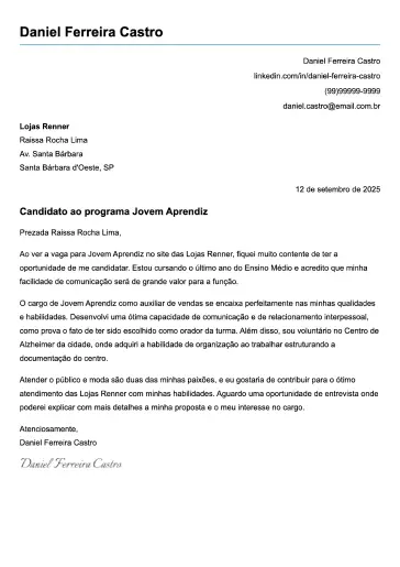 Exemplo de carta de apresentação criativa
