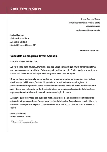 Exemplo de carta de apresentação criativa