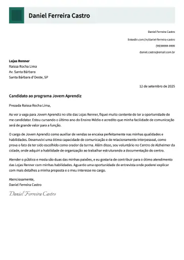 Exemplo de carta de apresentação moderna