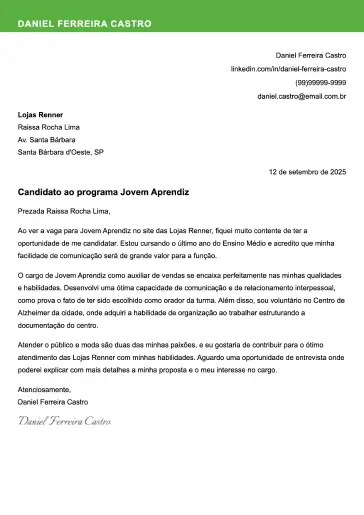 Exemplo de carta de apresentação moderna