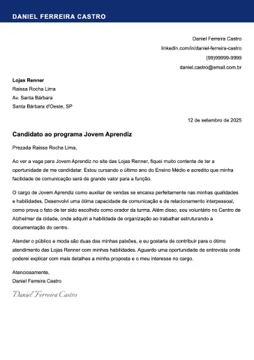 Exemplo de carta de apresentação profissional