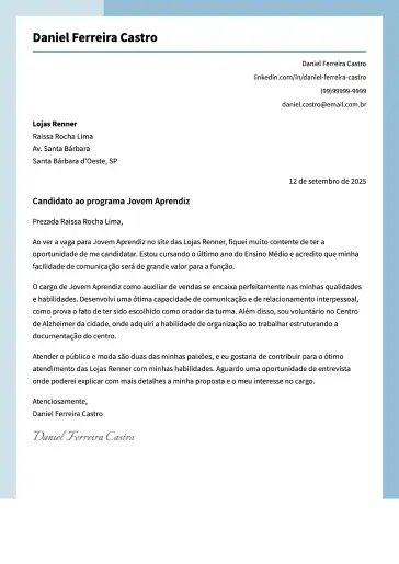 Exemplo de carta de apresentação profissional