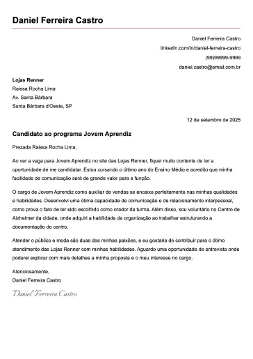 Exemplo de carta de apresentação profissional