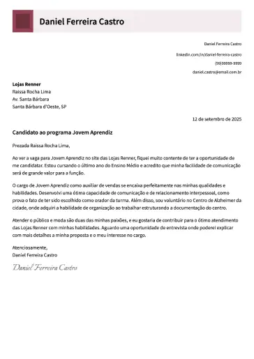 Exemplo de carta de apresentação profissional