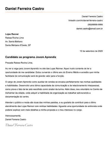 Exemplo de carta de apresentação profissional