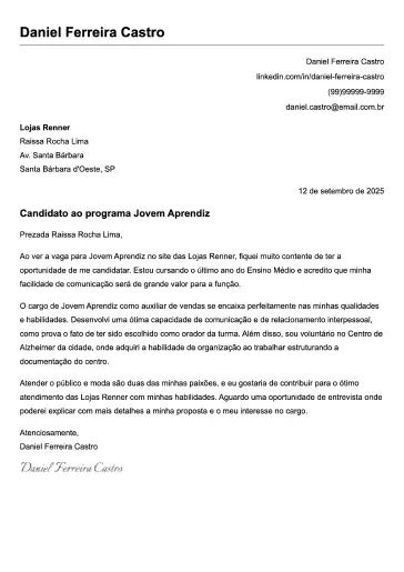 Exemplo de carta de apresentação simples