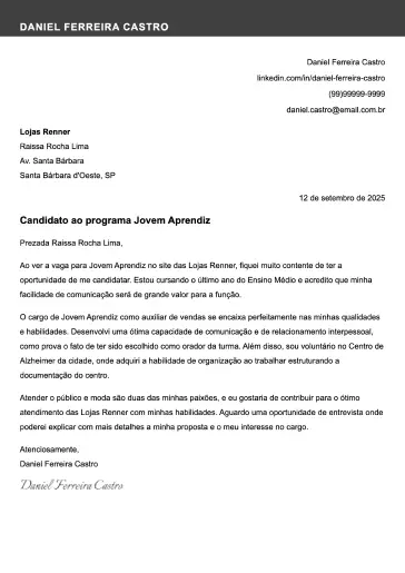 Exemplo de carta de apresentação simples