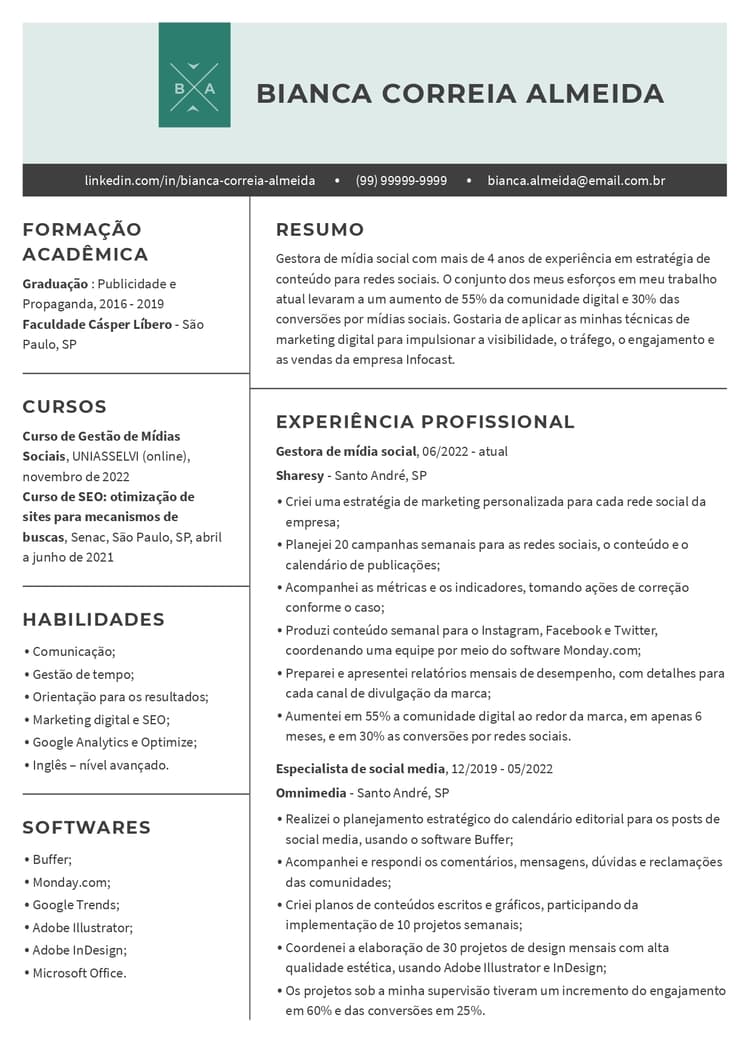 modelo de curriculum vitae atualizado