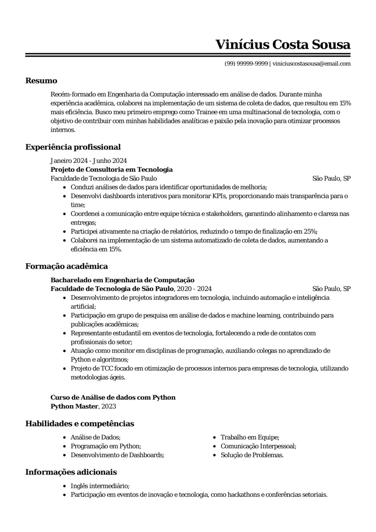 Modelo de currículo para primeiro emprego sem experiência profissional