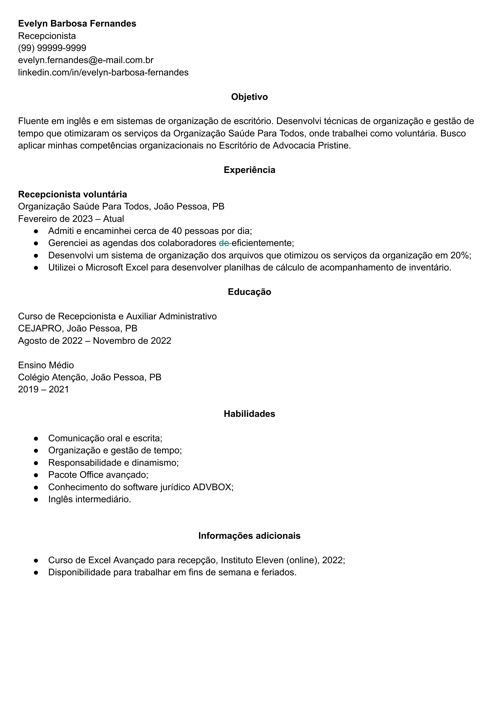 exemplo de CV com objetivo de currículo para primeiro emprego