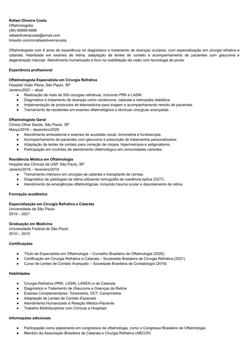 modelo de currículo de oftalmologista