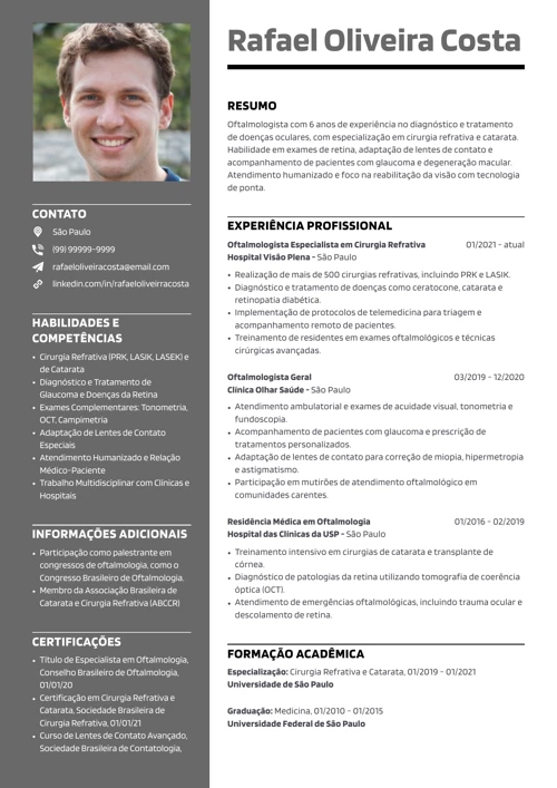 modelo de currículo de oftalmologista