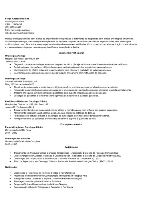 modelo de currículo para oncologista