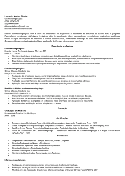 modelo de CV de otorrinolaringologista