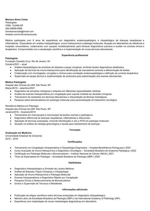 modelo de currículo para patologista