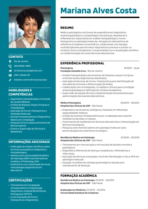 modelo de currículo para patologista