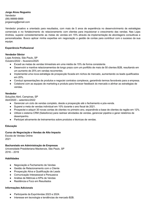 exemplo de currículo com perfil profissional