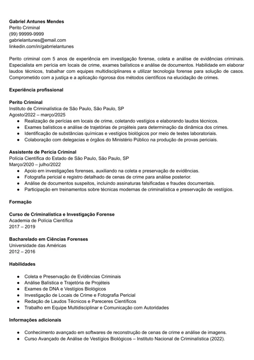 modelo de currículo para perito criminal