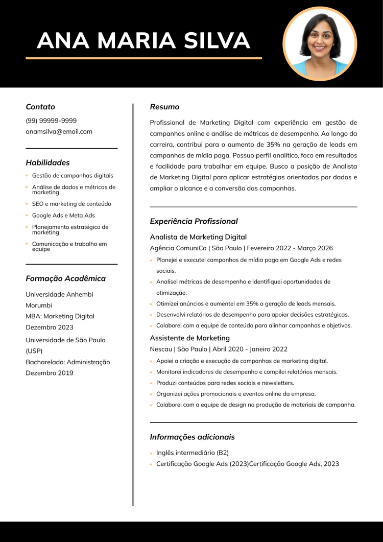 Exemplo de CV com seções personalizadas