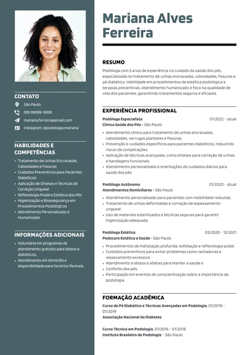 exemplo de currículo de podólogo
