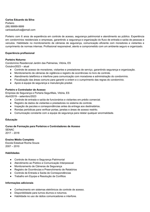 modelo de currículo de porteiro