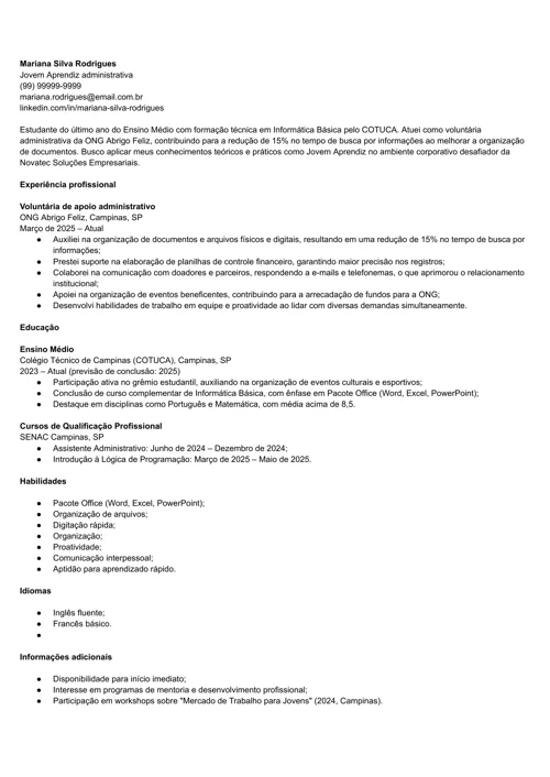 exemplo de currículo para primeiro emprego